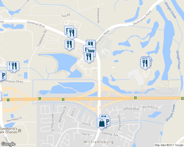 map of restaurants, bars, coffee shops, grocery stores, and more near 2 Universal Boulevard in Orlando