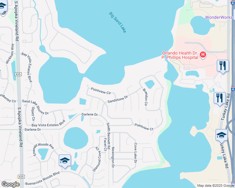 map of restaurants, bars, coffee shops, grocery stores, and more near 7513 Pointview Circle in Orlando
