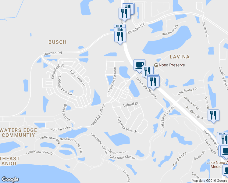 map of restaurants, bars, coffee shops, grocery stores, and more near 9241 Northlake Parkway in Orlando