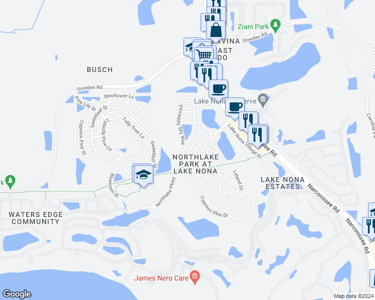 map of restaurants, bars, coffee shops, grocery stores, and more near 9759 Fenrose Terrace in Orlando