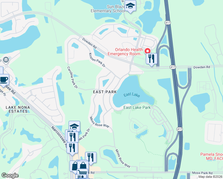 map of restaurants, bars, coffee shops, grocery stores, and more near 9768 Lake District Lane in Orlando