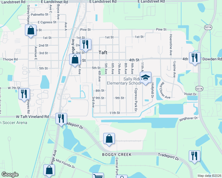 map of restaurants, bars, coffee shops, grocery stores, and more near 9741 5th Avenue in Orlando