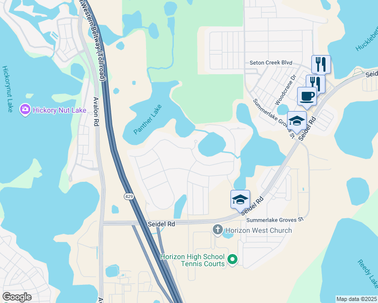 map of restaurants, bars, coffee shops, grocery stores, and more near 15608 Panther Lake Drive in Winter Garden