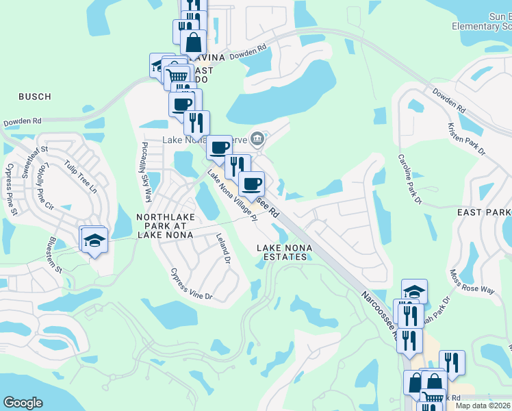 map of restaurants, bars, coffee shops, grocery stores, and more near 9685 Lake Nona Village Place in Orlando