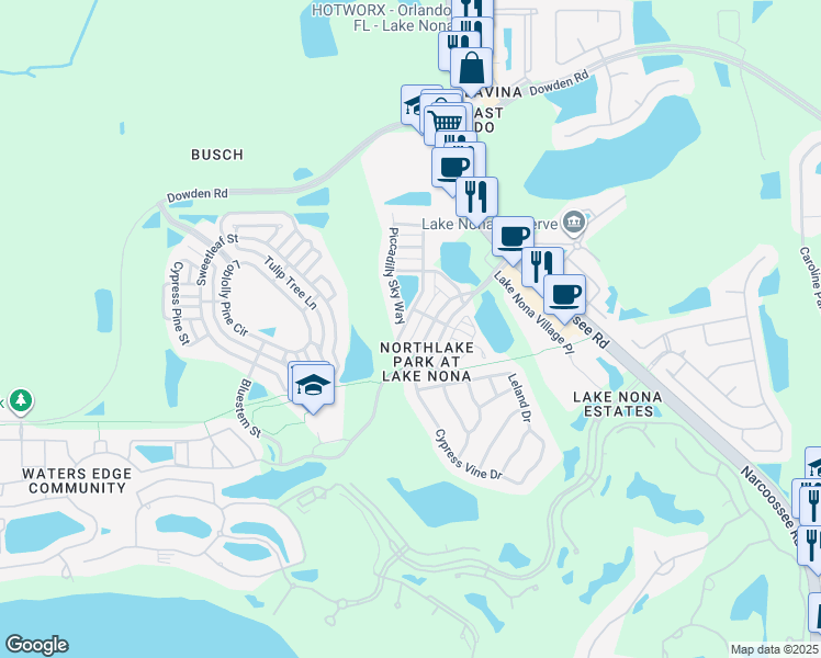 map of restaurants, bars, coffee shops, grocery stores, and more near 9753 Fenrose Terrace in Orlando