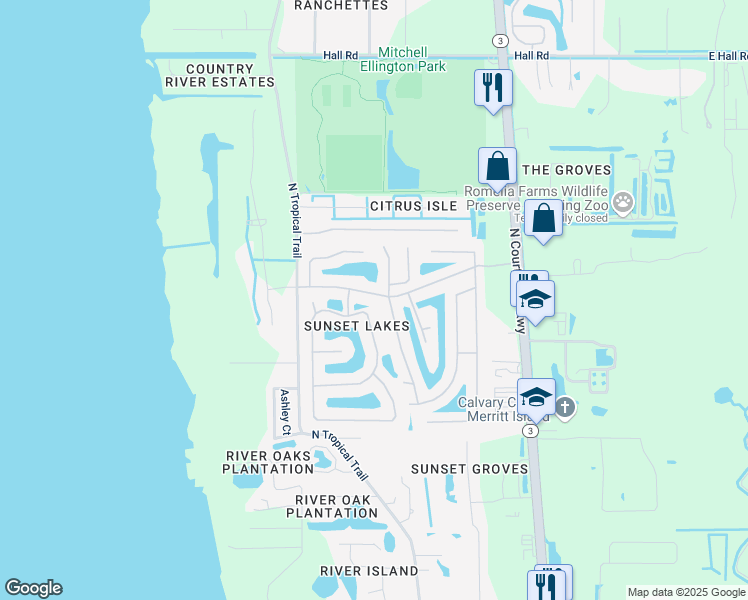 map of restaurants, bars, coffee shops, grocery stores, and more near 671 Sunset Lakes Drive in Merritt Island