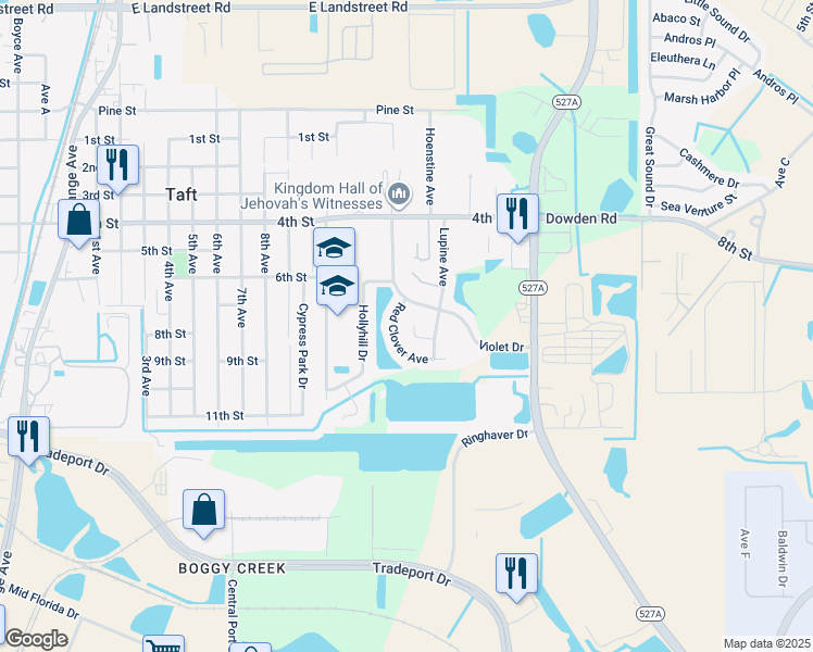 map of restaurants, bars, coffee shops, grocery stores, and more near 1908 Teaberry Court in Orlando