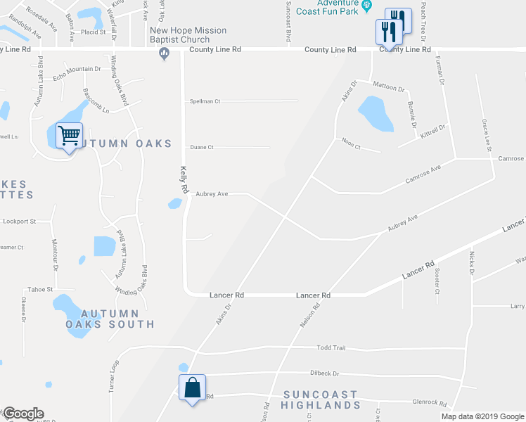 map of restaurants, bars, coffee shops, grocery stores, and more near 14650 Aubrey Avenue in Spring Hill