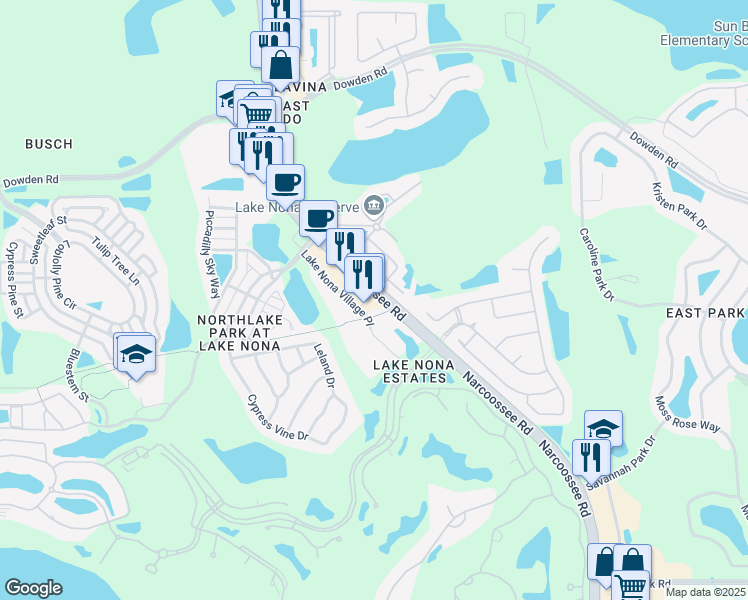 map of restaurants, bars, coffee shops, grocery stores, and more near 9685 Lake Nona Village Place in Orlando