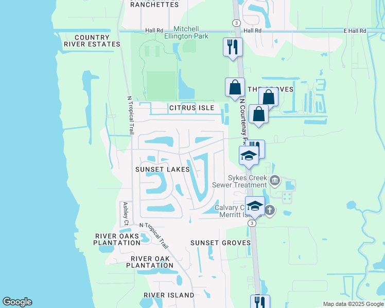 map of restaurants, bars, coffee shops, grocery stores, and more near 611 Sunset Lakes Drive in Merritt Island