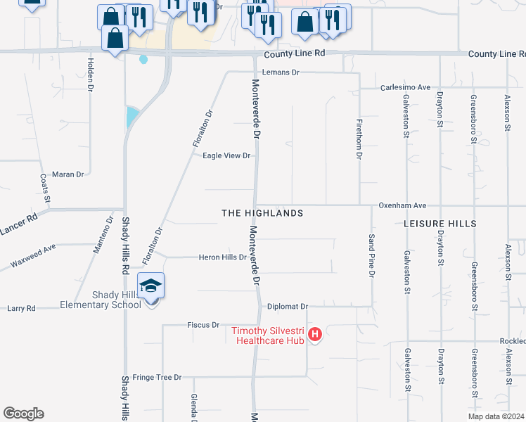 map of restaurants, bars, coffee shops, grocery stores, and more near 18410 Monteverde Drive in Spring Hill