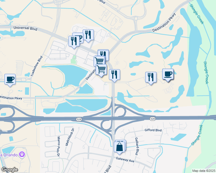map of restaurants, bars, coffee shops, grocery stores, and more near 2 Universal Boulevard in Orlando