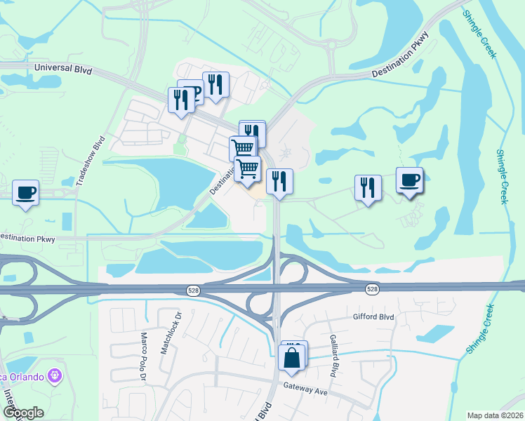 map of restaurants, bars, coffee shops, grocery stores, and more near 2 Universal Boulevard in Orlando
