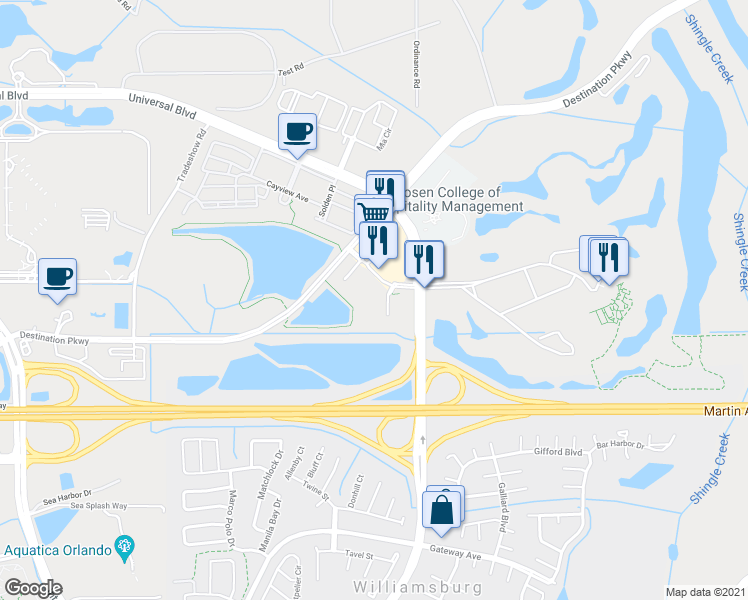 map of restaurants, bars, coffee shops, grocery stores, and more near 2 Universal Boulevard in Orlando