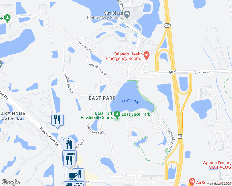 map of restaurants, bars, coffee shops, grocery stores, and more near 9737 Lake District Lane in Orlando