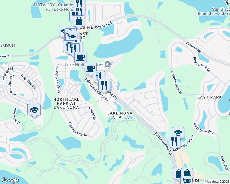 map of restaurants, bars, coffee shops, grocery stores, and more near 9685 Lake Nona Village Place in Orlando