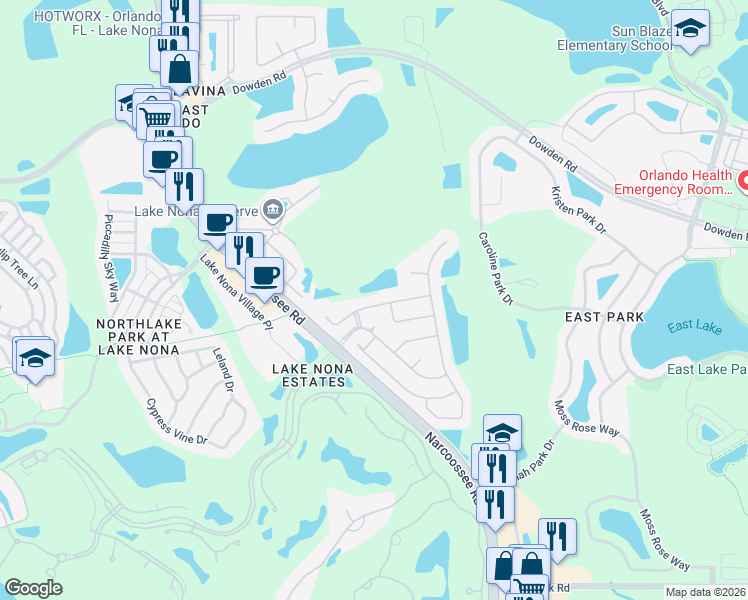 map of restaurants, bars, coffee shops, grocery stores, and more near 10020 Chardonnay Drive in Orlando