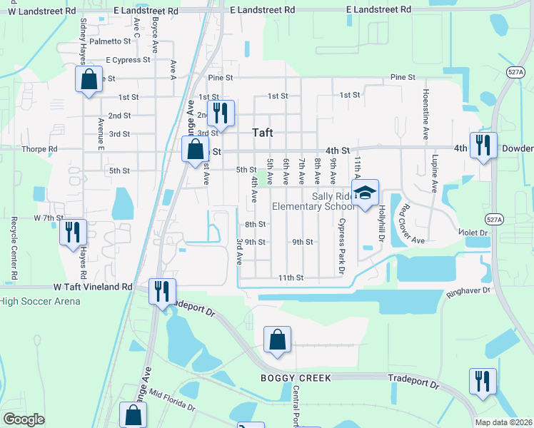 map of restaurants, bars, coffee shops, grocery stores, and more near 9724 5th Avenue in Orlando