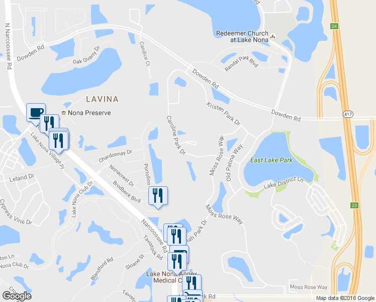 map of restaurants, bars, coffee shops, grocery stores, and more near 10269 Caroline Park Drive in Orlando