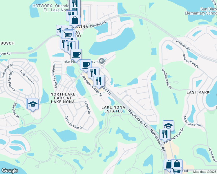 map of restaurants, bars, coffee shops, grocery stores, and more near 9685 Lake Nona Village Place in Orlando
