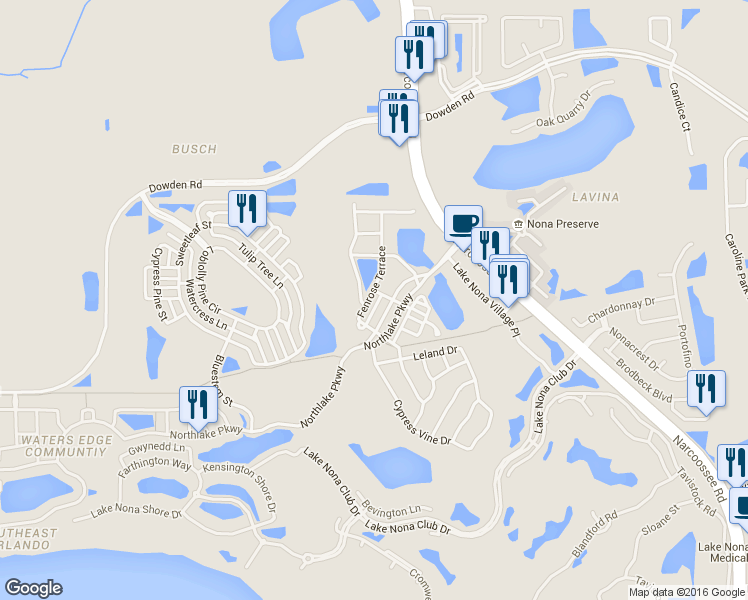 map of restaurants, bars, coffee shops, grocery stores, and more near 9245 Northlake Parkway in Orlando