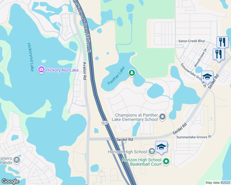 map of restaurants, bars, coffee shops, grocery stores, and more near 15698 Panther Lake Drive in Winter Garden