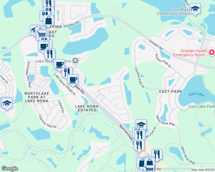 map of restaurants, bars, coffee shops, grocery stores, and more near 10020 Chardonnay Drive in Orlando