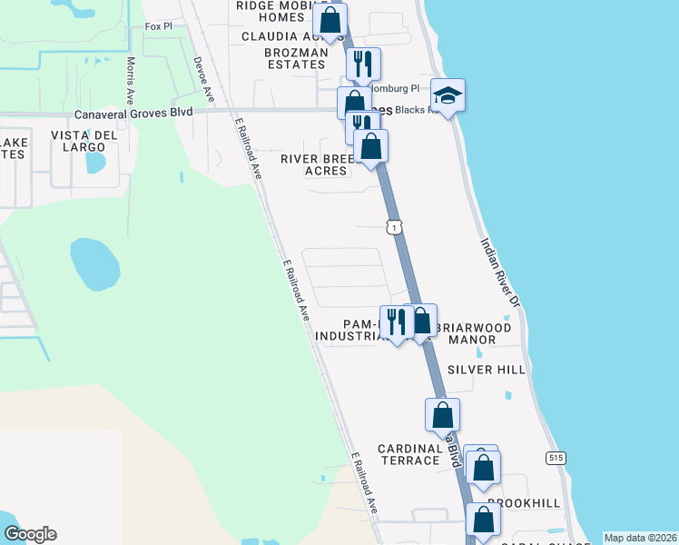 map of restaurants, bars, coffee shops, grocery stores, and more near 771 Tupelo Circle in Cocoa