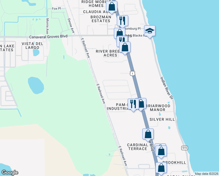 map of restaurants, bars, coffee shops, grocery stores, and more near 771 Tupelo Circle in Cocoa