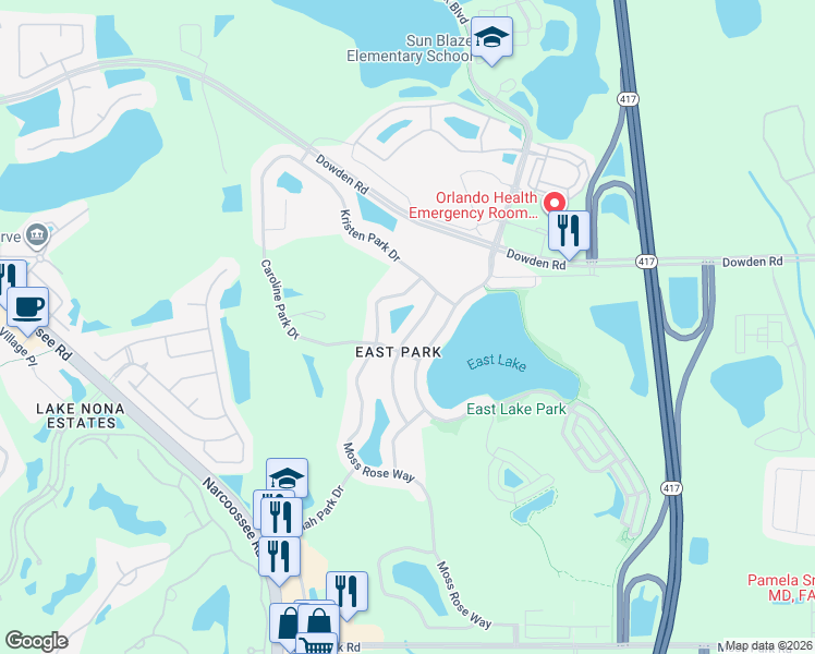 map of restaurants, bars, coffee shops, grocery stores, and more near 9792 Old Patina Way in Orlando