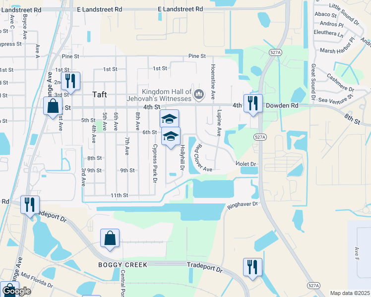 map of restaurants, bars, coffee shops, grocery stores, and more near 9679 Hollyhill Drive in Orlando