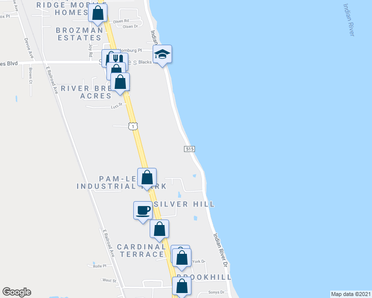 map of restaurants, bars, coffee shops, grocery stores, and more near 3837 Indian River Drive in Cocoa