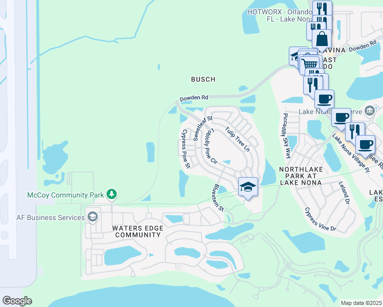 map of restaurants, bars, coffee shops, grocery stores, and more near 8520 Waterwillow Place in Orlando