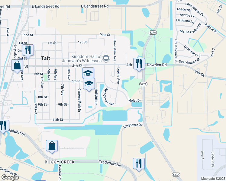 map of restaurants, bars, coffee shops, grocery stores, and more near 9748 Violet Drive in Orlando