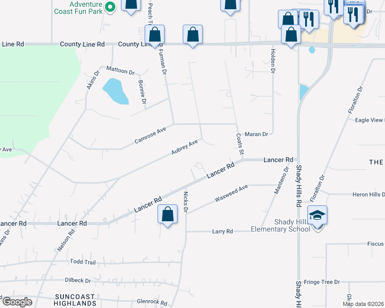 map of restaurants, bars, coffee shops, grocery stores, and more near 15420 Aubrey Avenue in Spring Hill