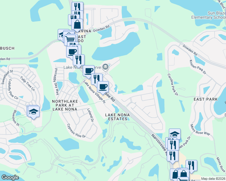 map of restaurants, bars, coffee shops, grocery stores, and more near 9571 Silver Buttonwood Street in Orlando