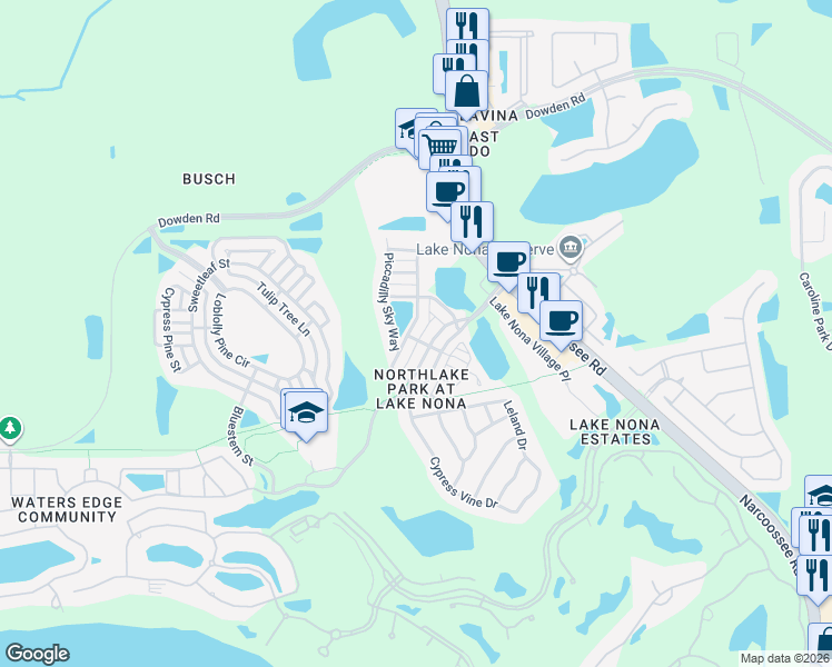 map of restaurants, bars, coffee shops, grocery stores, and more near 9667 Fenrose Terrace in Orlando
