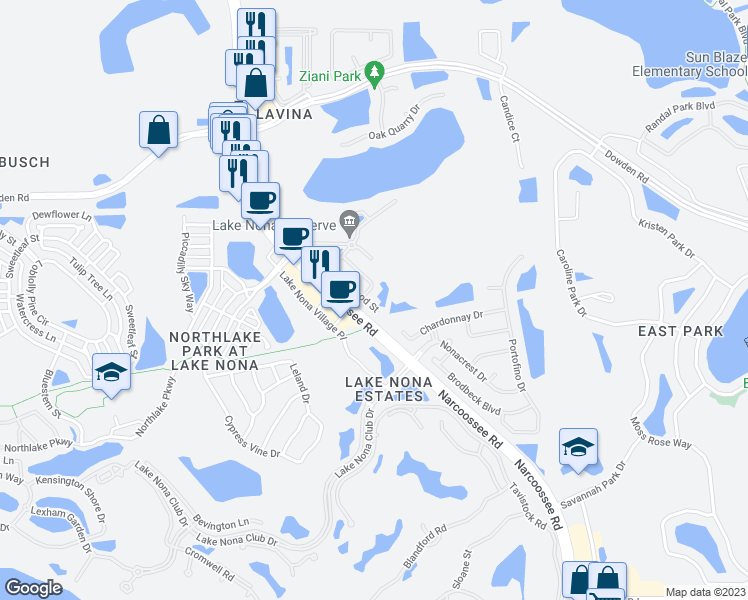 map of restaurants, bars, coffee shops, grocery stores, and more near 9649 Silver Buttonwood Street in Orlando
