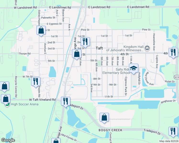 map of restaurants, bars, coffee shops, grocery stores, and more near 9624 2nd Avenue in Orlando