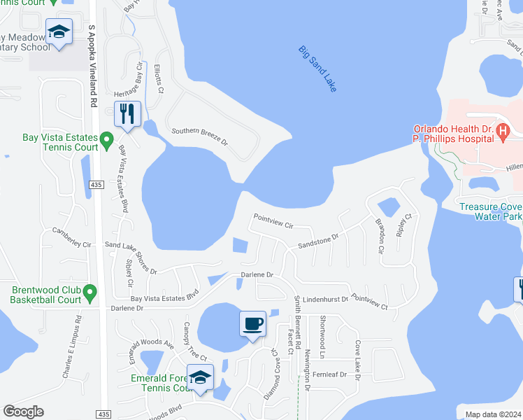 map of restaurants, bars, coffee shops, grocery stores, and more near 7645 Pointview Circle in Orlando