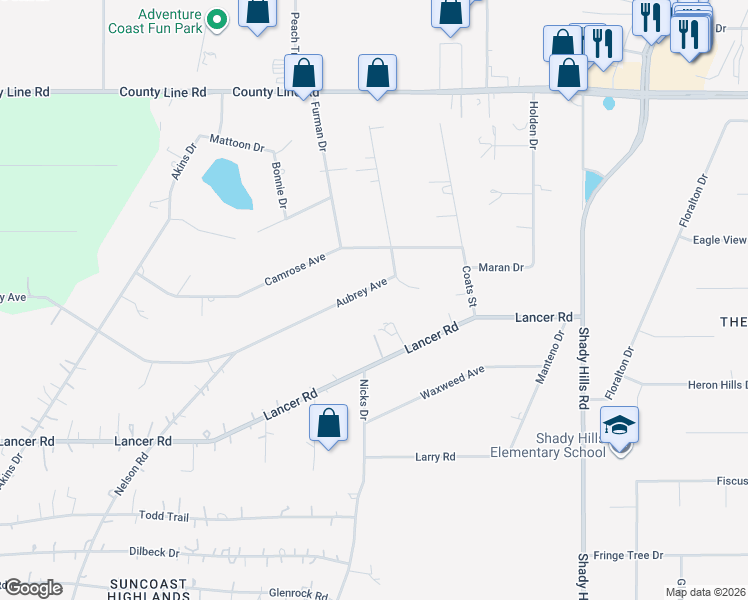 map of restaurants, bars, coffee shops, grocery stores, and more near 15420 Aubrey Avenue in Spring Hill