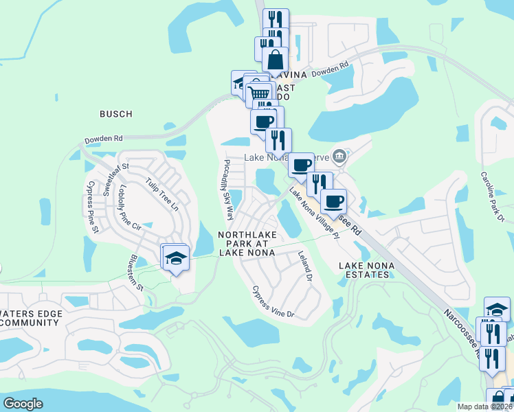 map of restaurants, bars, coffee shops, grocery stores, and more near 9631 Fenrose Terrace in Orlando
