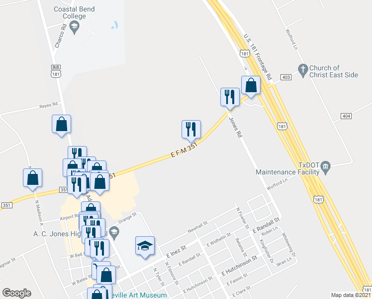map of restaurants, bars, coffee shops, grocery stores, and more near 412 East F-M 351 in Beeville