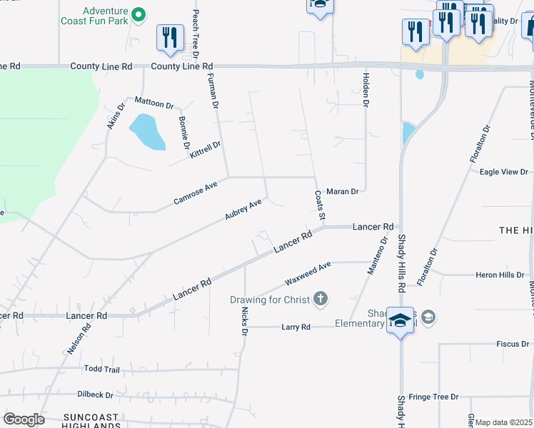 map of restaurants, bars, coffee shops, grocery stores, and more near 15410 Aubrey Avenue in Shady Hills