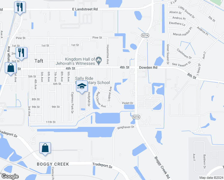 map of restaurants, bars, coffee shops, grocery stores, and more near 9677 Lupine Avenue in Orlando