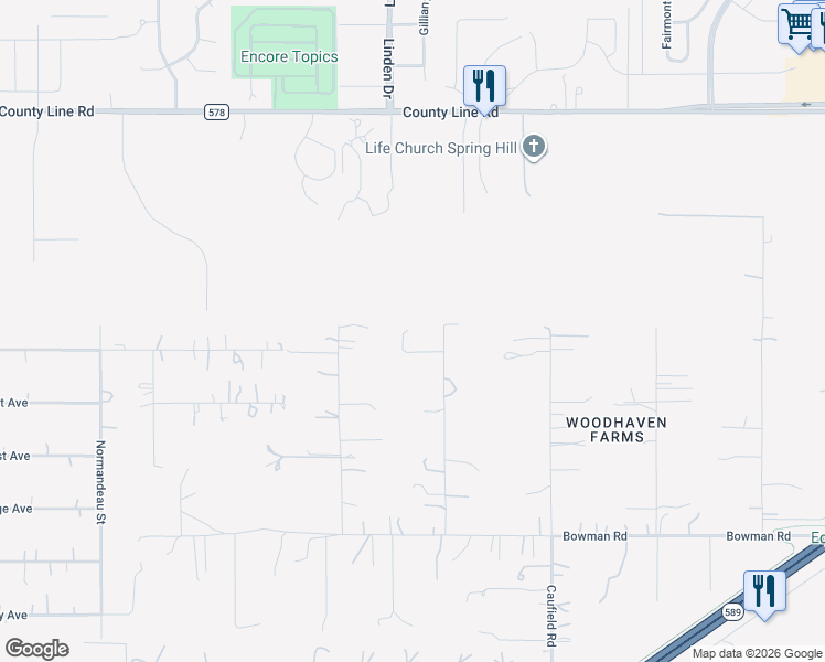 map of restaurants, bars, coffee shops, grocery stores, and more near 18445 Rigsby Rd in Spring Hill