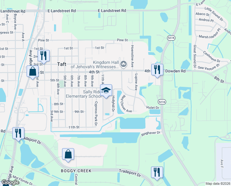 map of restaurants, bars, coffee shops, grocery stores, and more near 9650 Violet Drive in Orlando