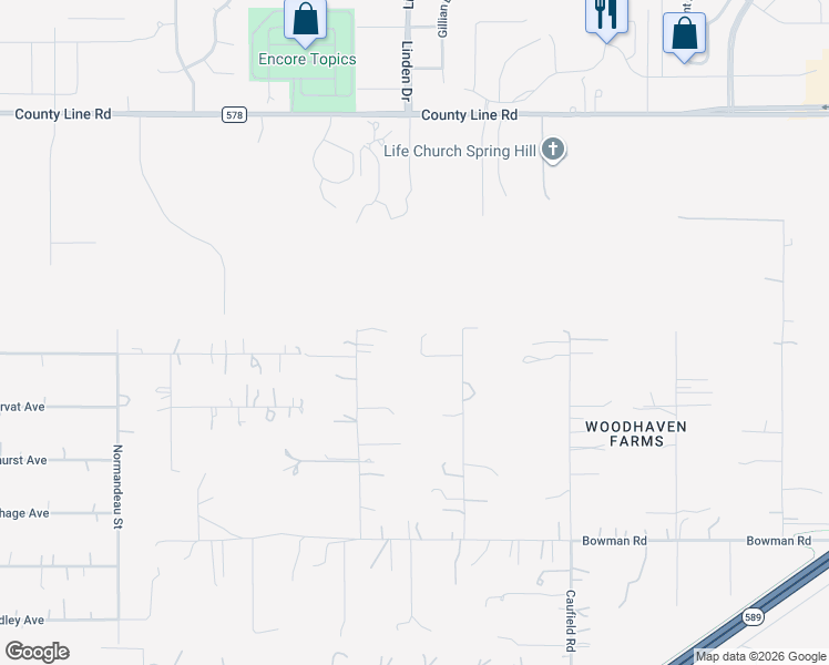 map of restaurants, bars, coffee shops, grocery stores, and more near 18445 Rigsby Road in Spring Hill