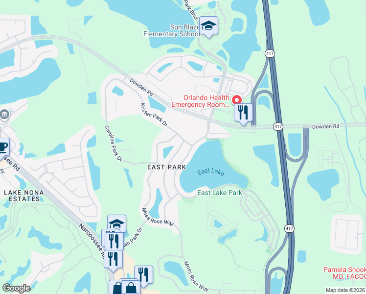 map of restaurants, bars, coffee shops, grocery stores, and more near 9714 Old Patina Way in Orlando