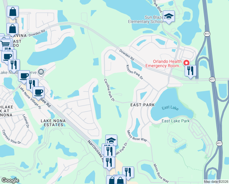 map of restaurants, bars, coffee shops, grocery stores, and more near 10241 Park Row Court in Orlando